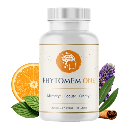 Phytomem One natural brain support supplement bottle with Sicilian red orange, cinnamon and botanical ingredients for memory and focus