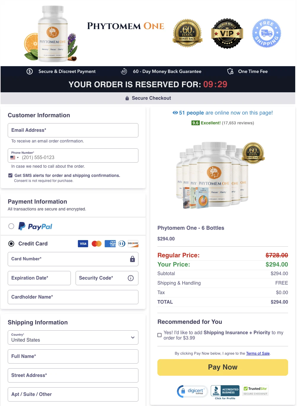 Phytomem One secure checkout page showing the 6 bottle package for $294 with free shipping and 60-day money-back guarantee